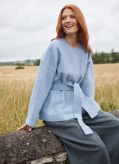 Rose Wool Belted Jacket in Light Blue